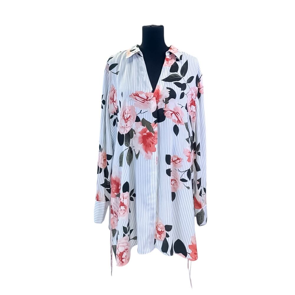 INC Concepts Floral Striped Button-Front Tunic Blouse Women's XXL